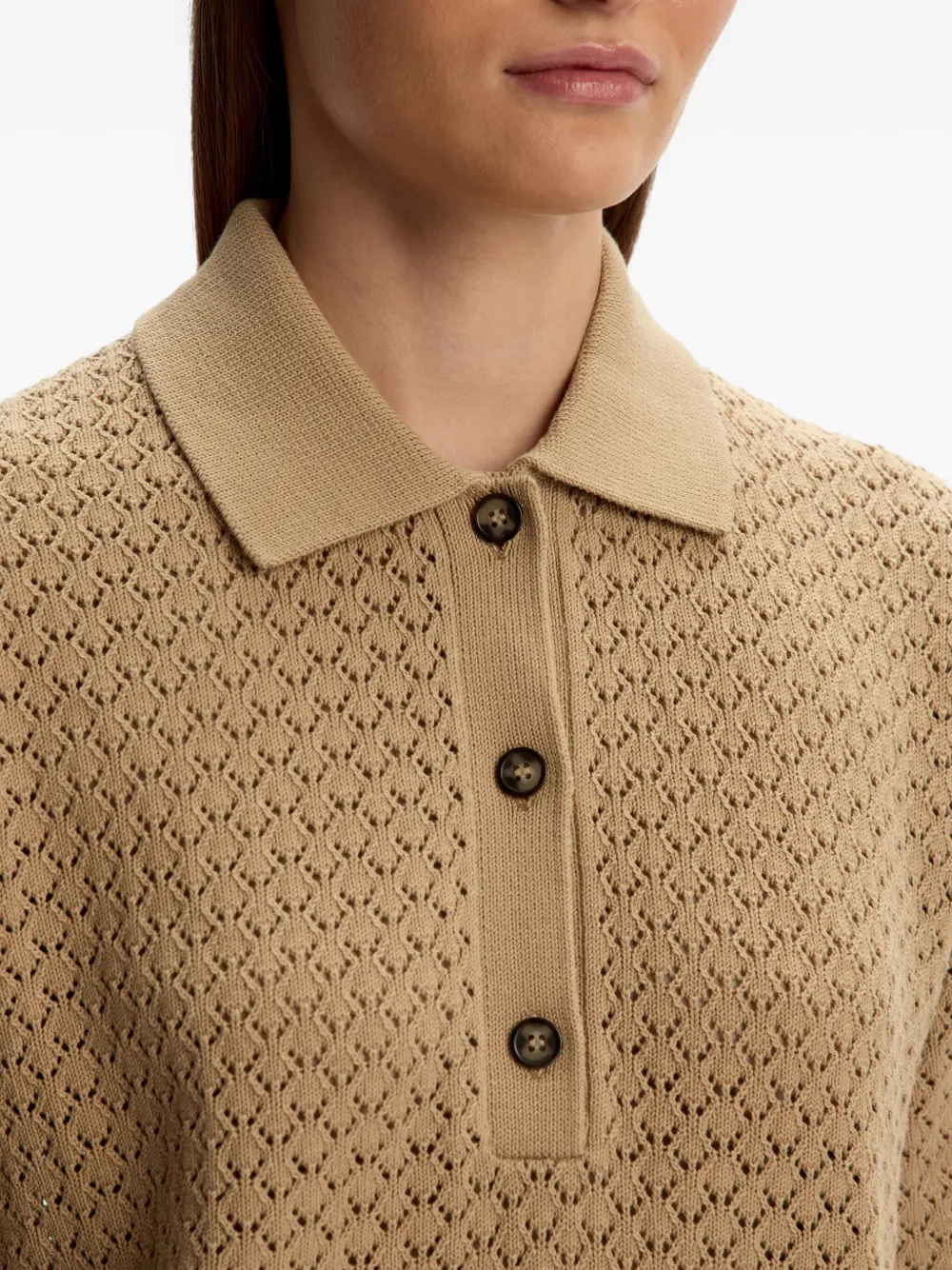 12 Storeez Open-knit Polo Top In Brown