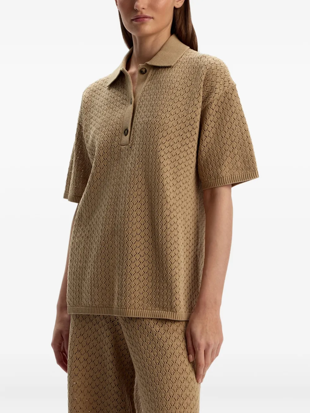 12 Storeez Open-knit Polo Top In Brown