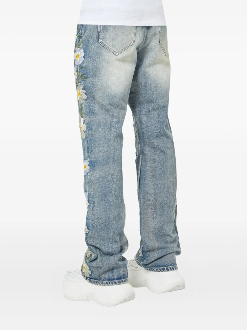 Guapi Floral-embroidered Distressed Jeans In Gray