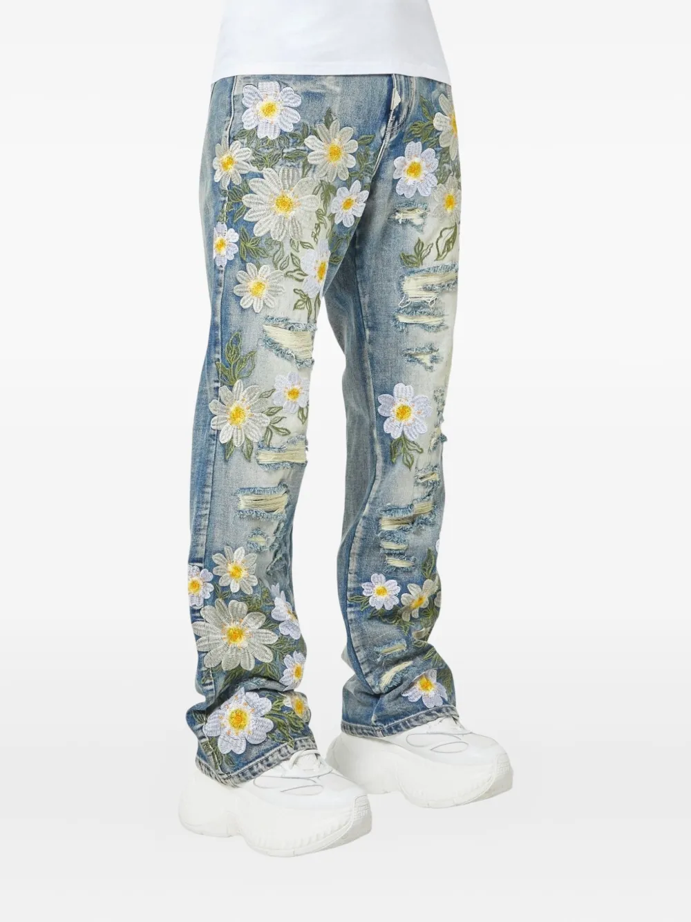 GUAPI floral-embroidered distressed jeans - Blauw