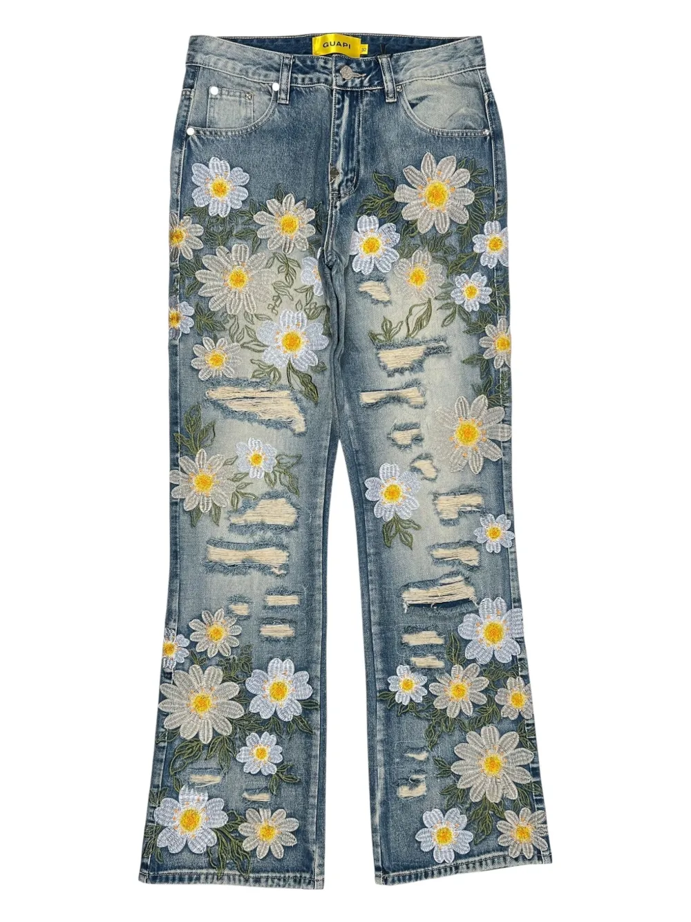 Guapi Floral-embroidered Distressed Jeans In Gray