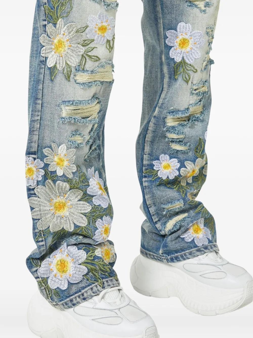Guapi Floral-embroidered Distressed Jeans In Gray