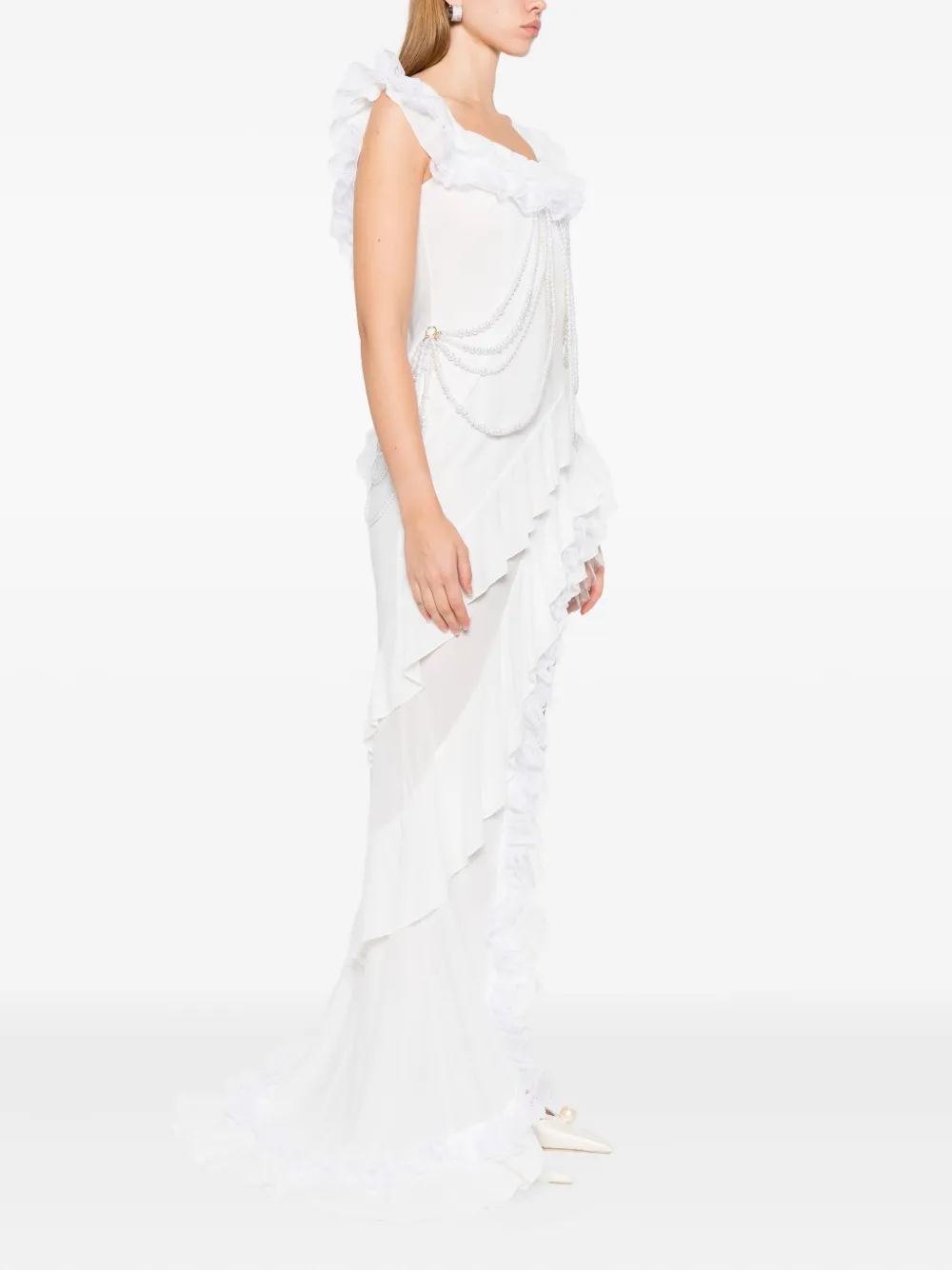 Rahil Hesan Off-shoulder Pearl-chain Gown In White