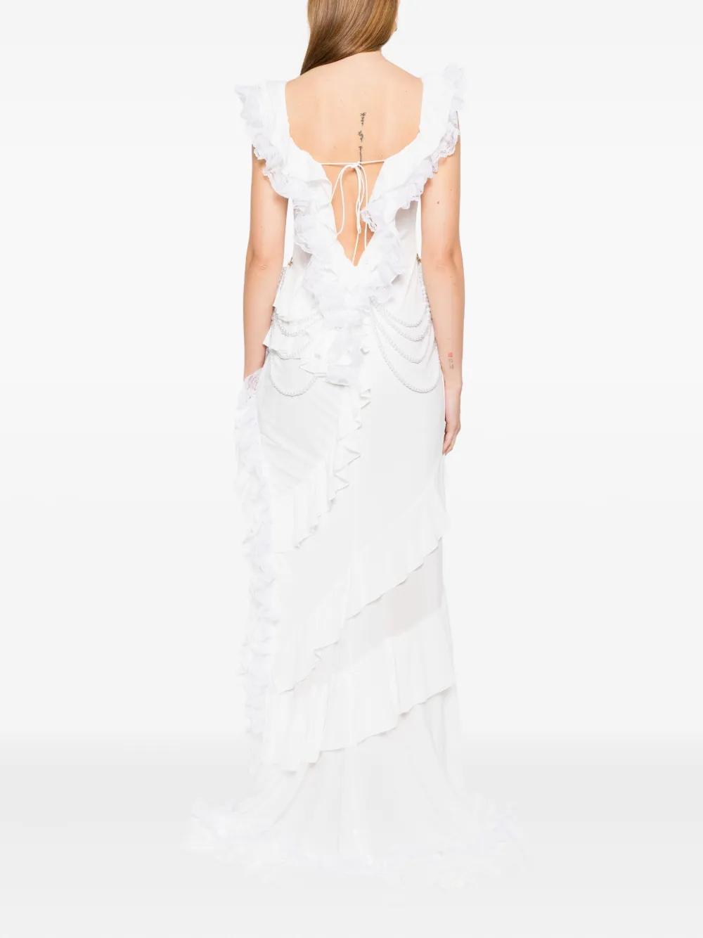 Rahil Hesan Off-shoulder Pearl-chain Gown In White