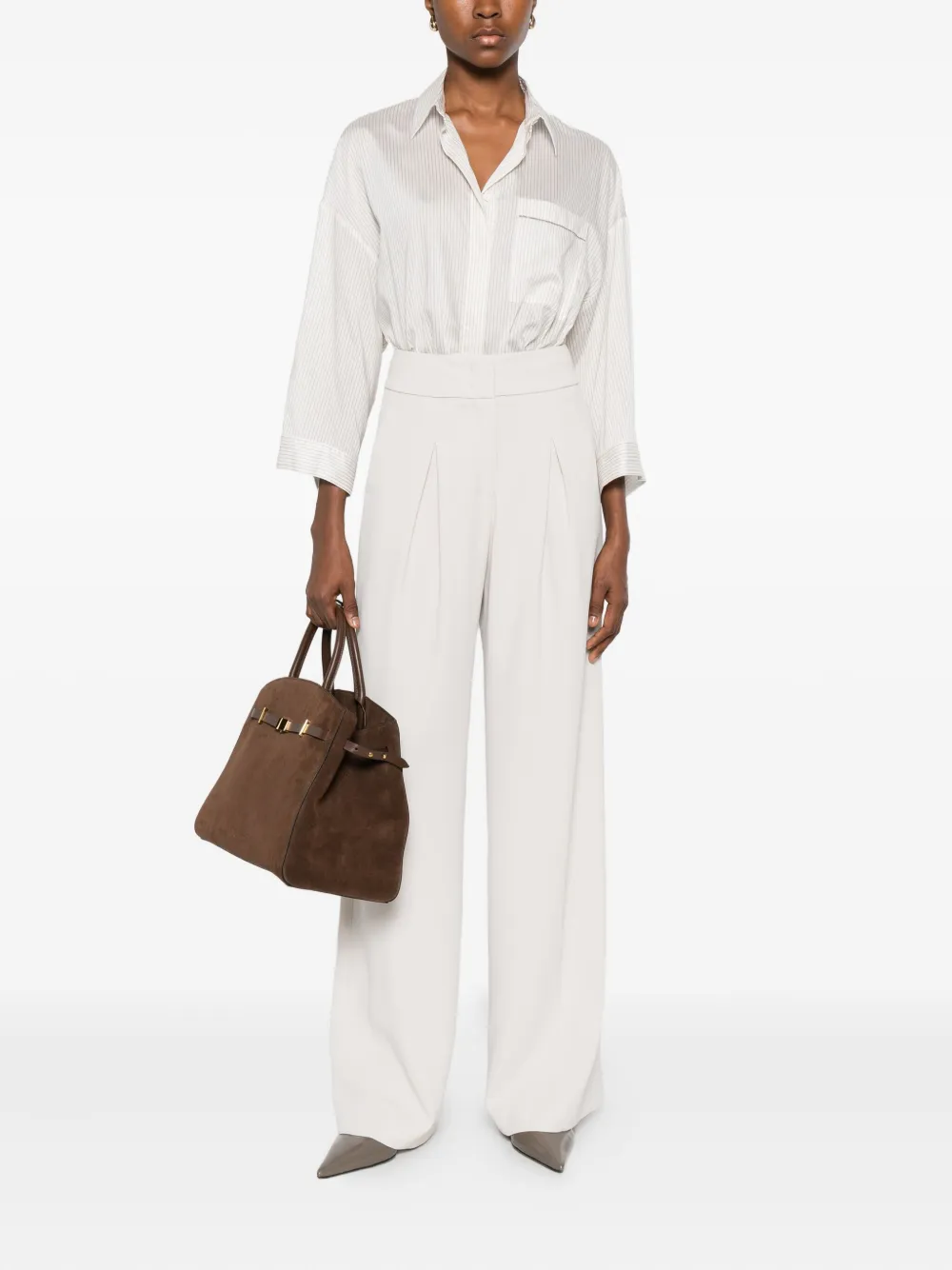 Peserico Blouse met krijtstreep en zak - Beige