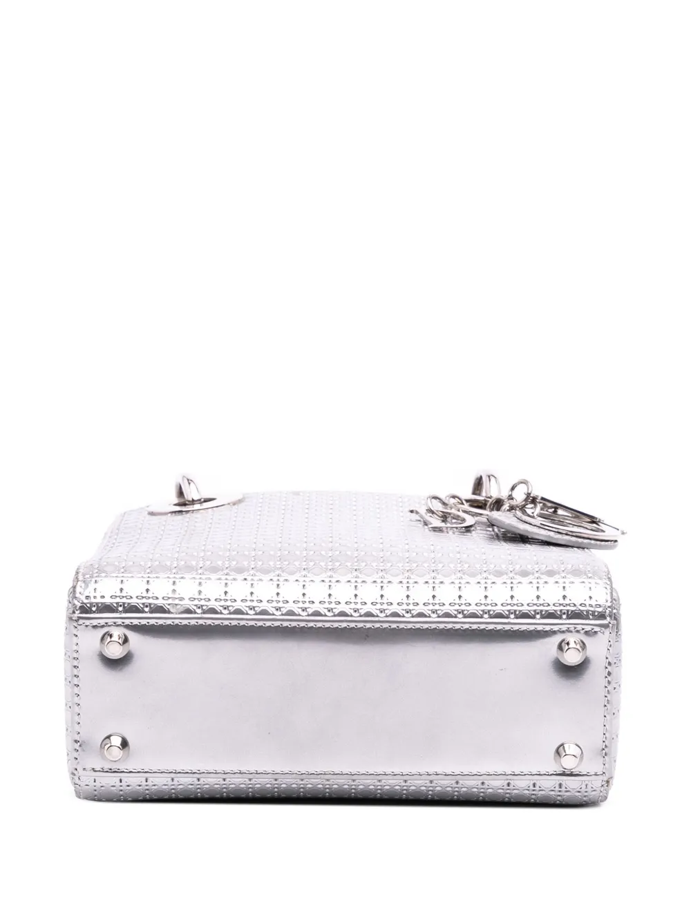 Pre-owned Dior 2016 Mini Metallic Patent Microcannage Lady  Satchel In Silver
