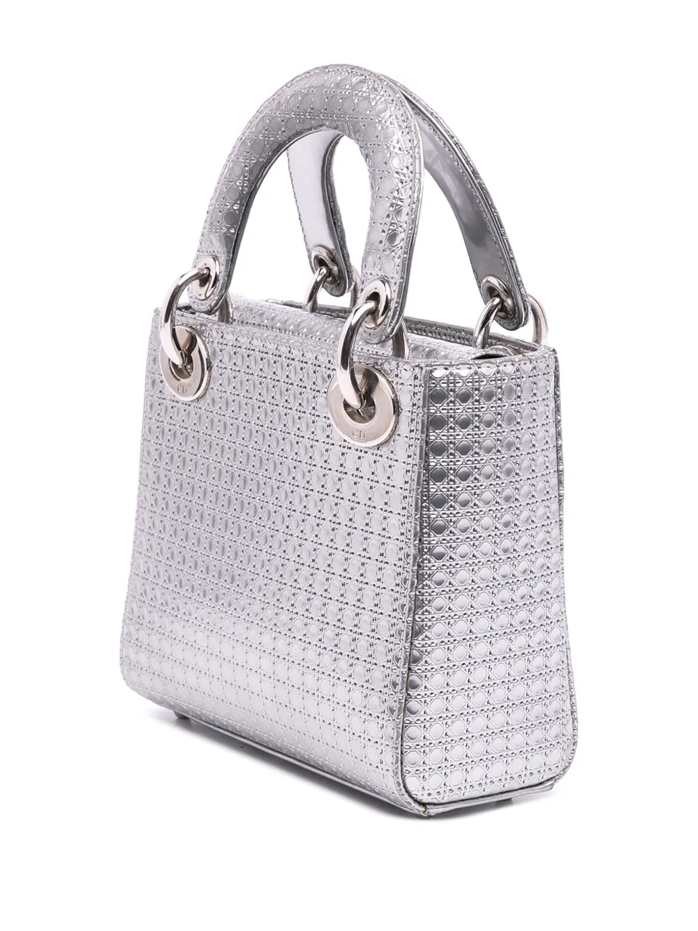 Pre-owned Dior 2016 Mini Metallic Patent Microcannage Lady  Satchel In Silver