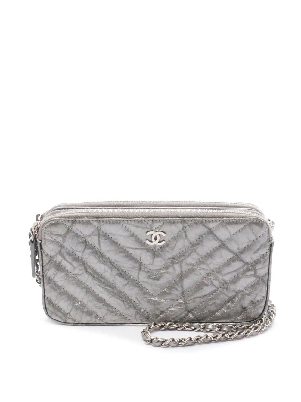CHANEL Pre-Owned 2018 Chevron Metallic Lambskin Double Zip Wallet on Chain crossbody bag | Silver | Image 1