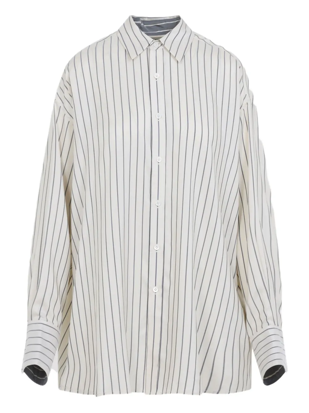 Carven Off-white Silk Shirt With Vertical Grey Stripes And Pointed Collar In Multi