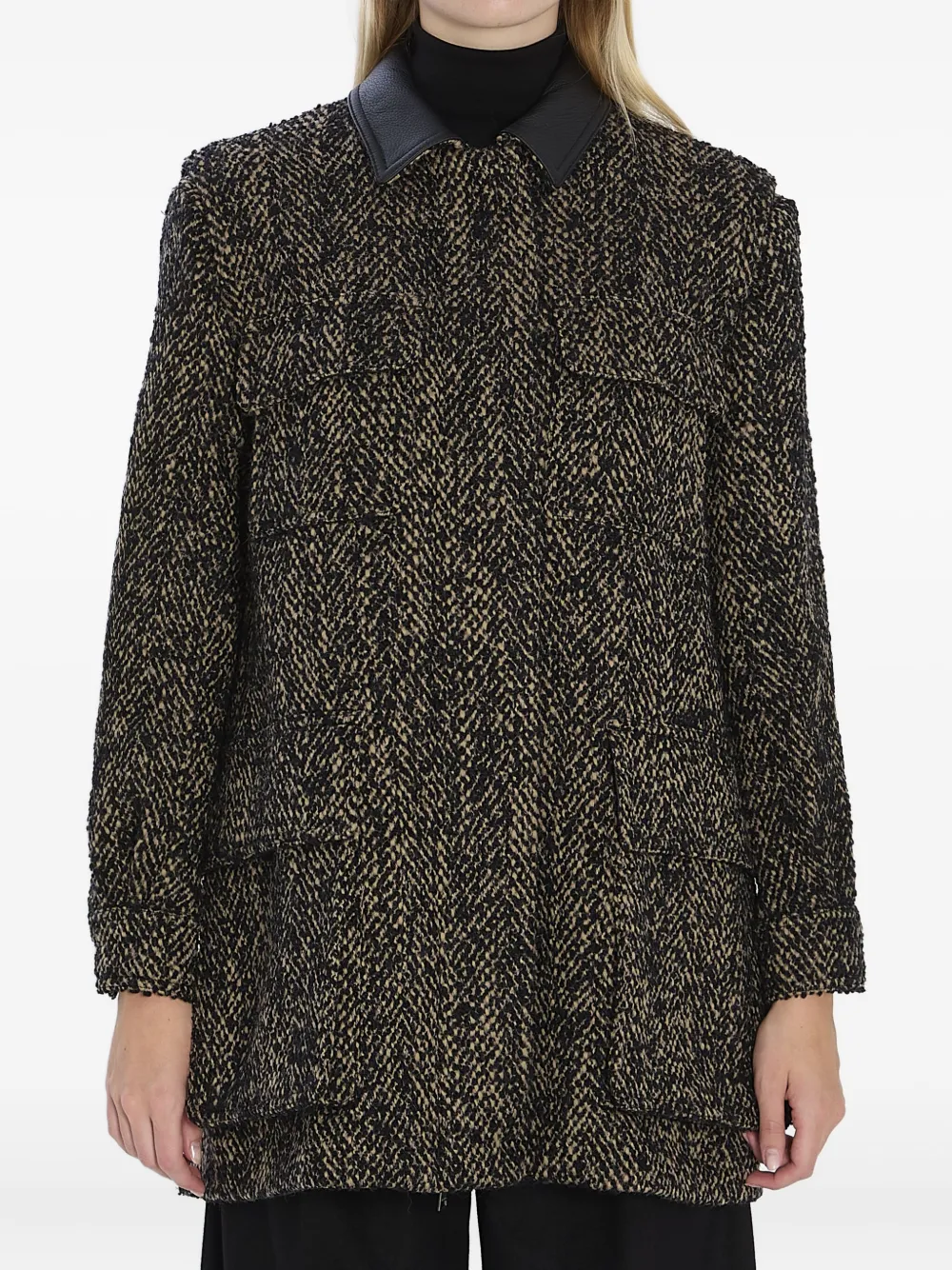 Max Mara Angio Herringbone Leather-collar Jacket In Multi