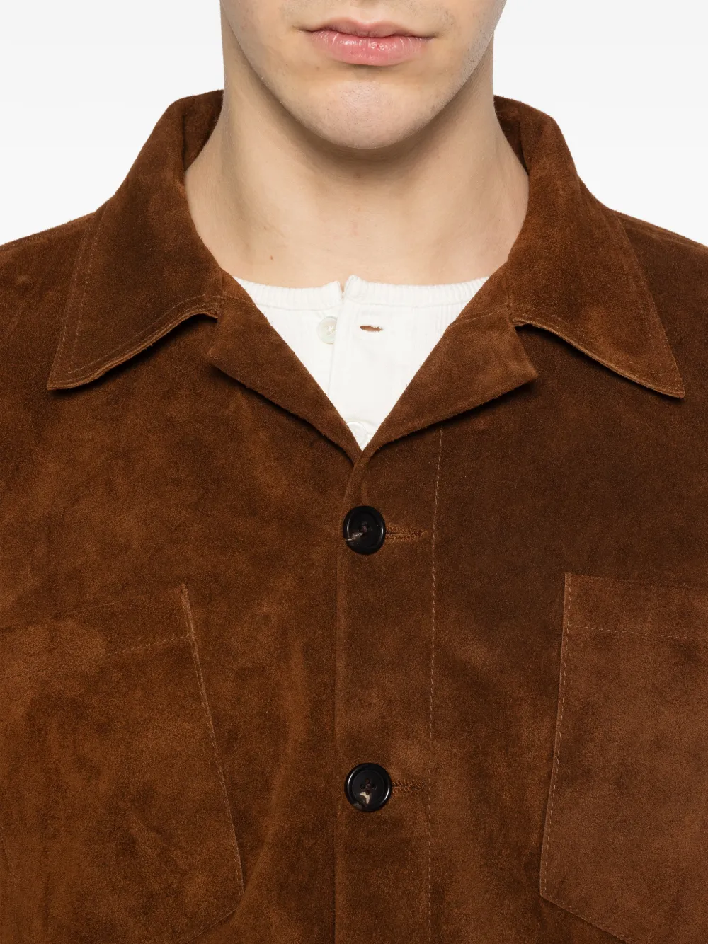 Bode Patch Pocket Suede Overshirt In Brown
