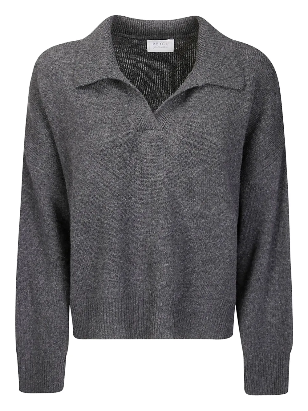Be You Cashmere Polo Sweater With V-neckline And Comfortable Fit In Gray