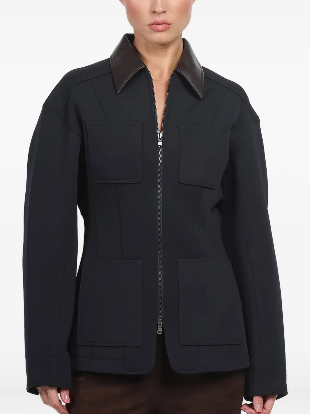 Tibi Contrast-collar Zip-up Jacket In Blue