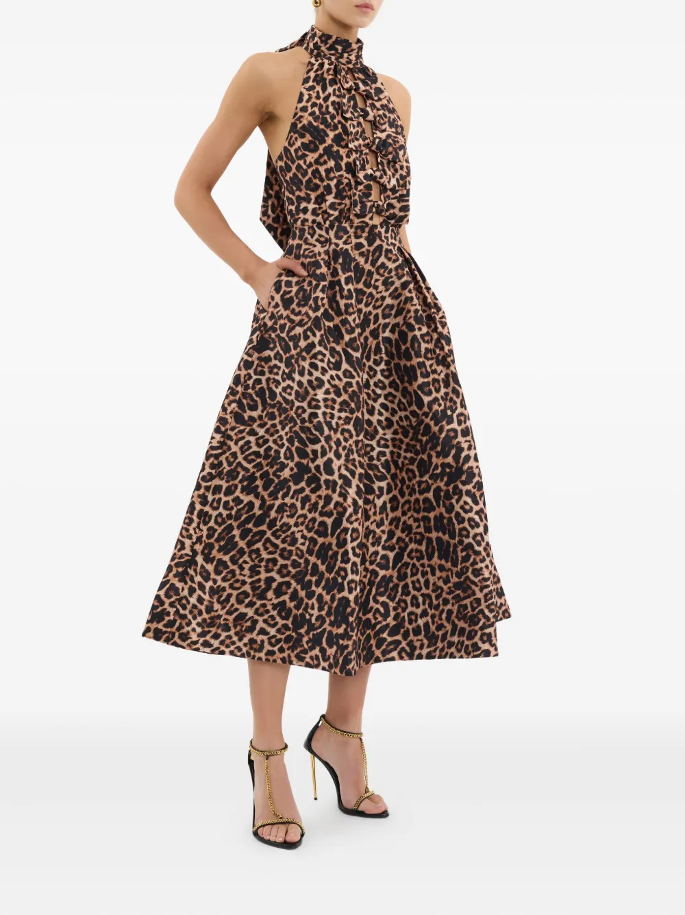 Rebecca Vallance Clarice midi-jurk met ruches en ceintuur Bruin