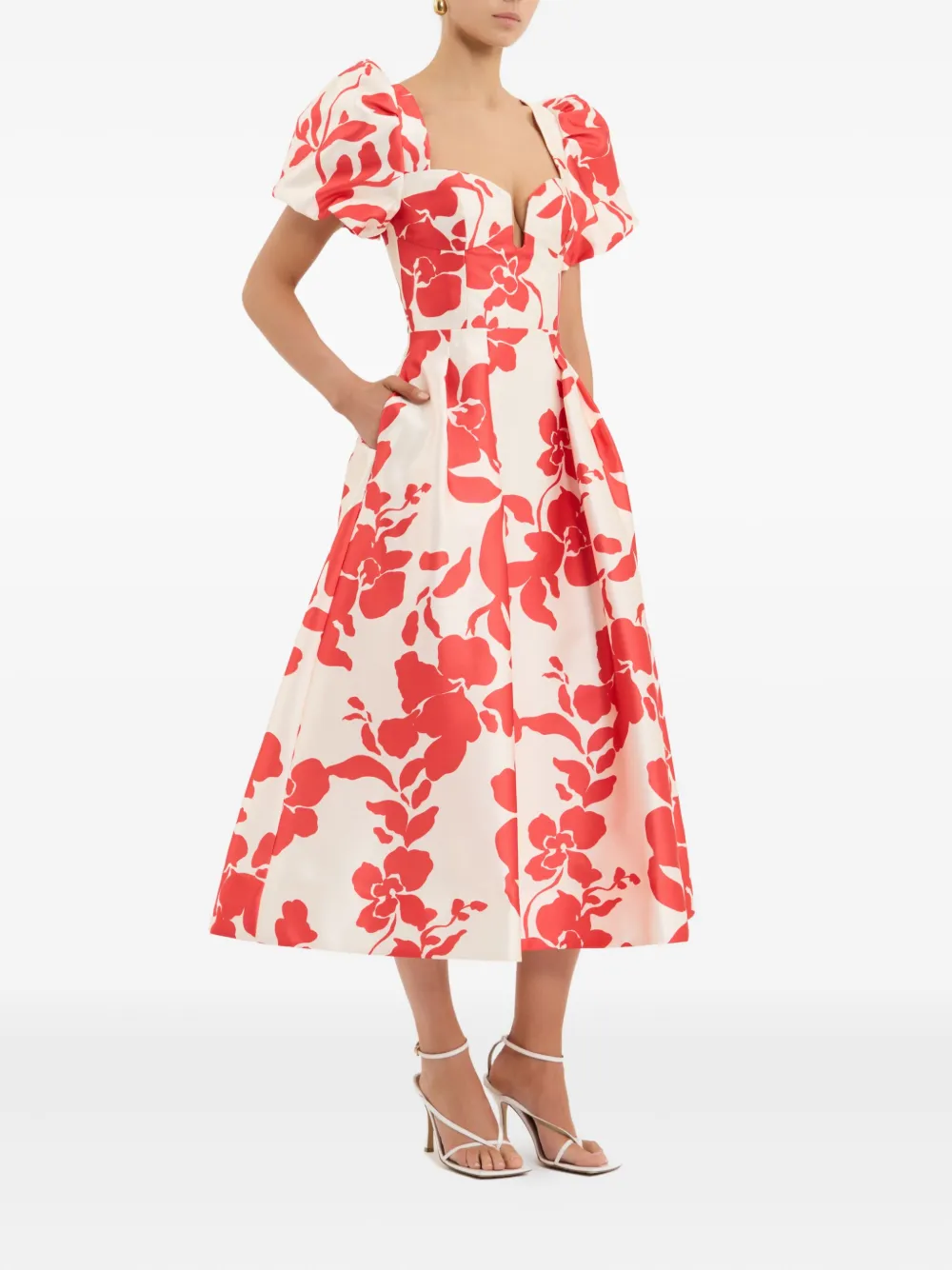 Rebecca Vallance Mayari midi-jurk met pofmouwen en bloemen Beige