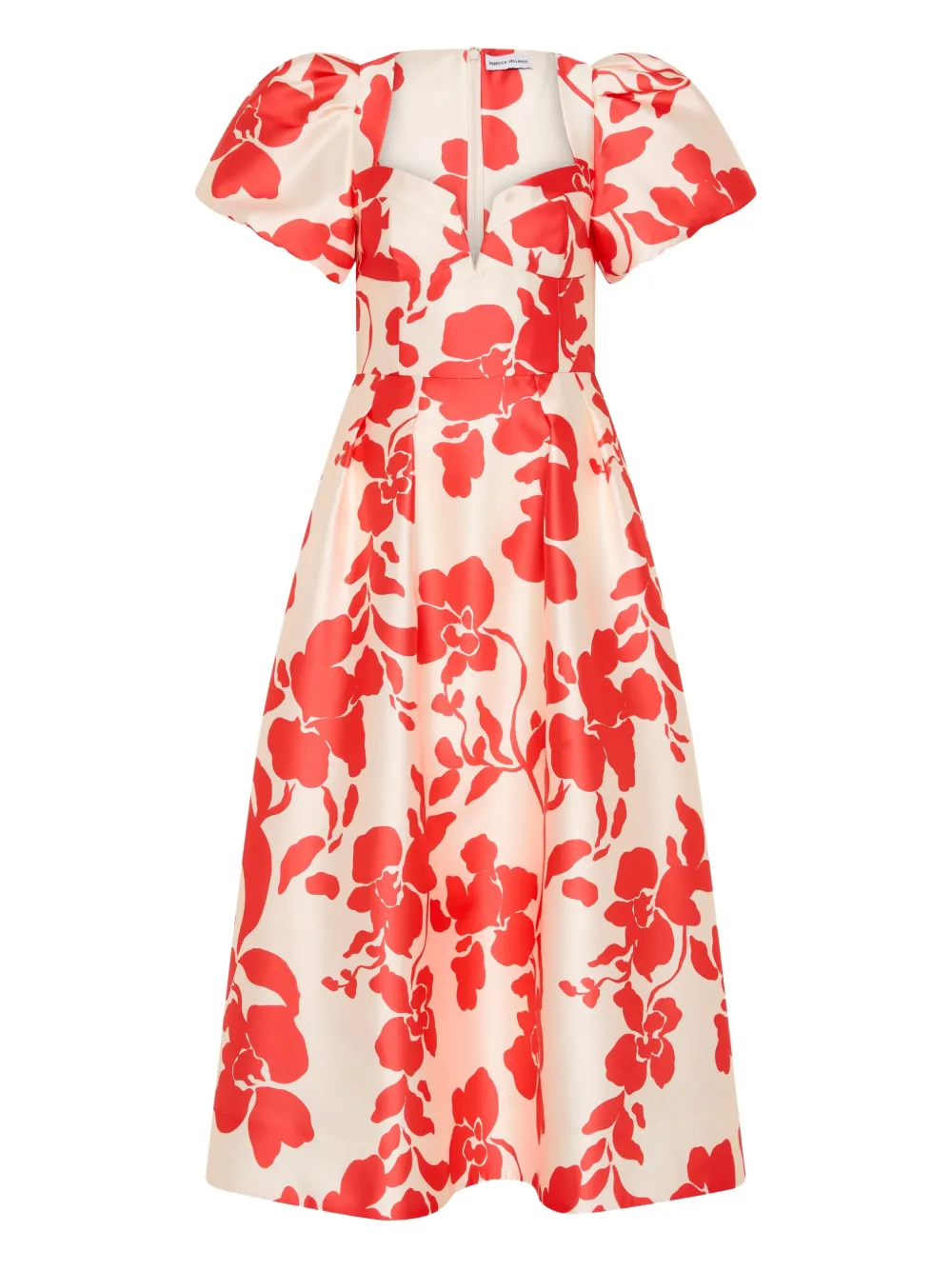 Rebecca Vallance Mayari midi-jurk met pofmouwen en bloemen Beige