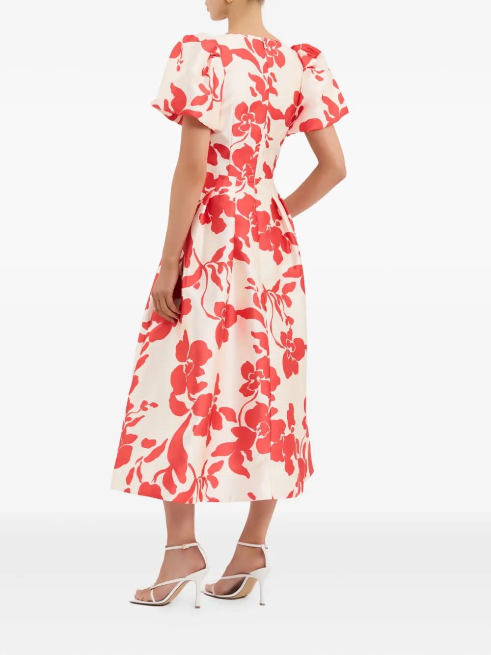 Rebecca Vallance Mayari midi-jurk met pofmouwen en bloemen Beige