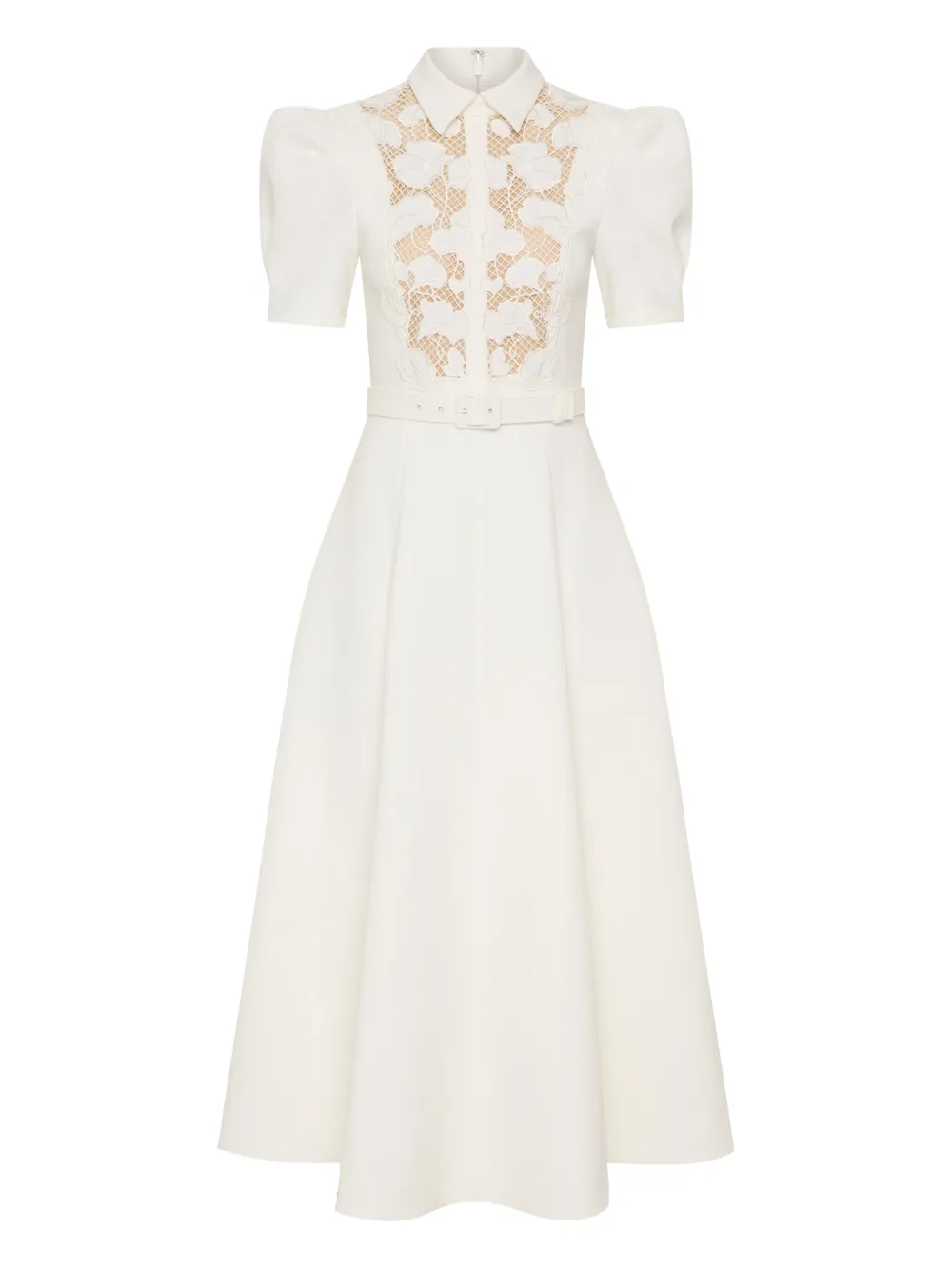 Rebecca Vallance Parrish Lace-belted Short-sleeve Midi Dress In White