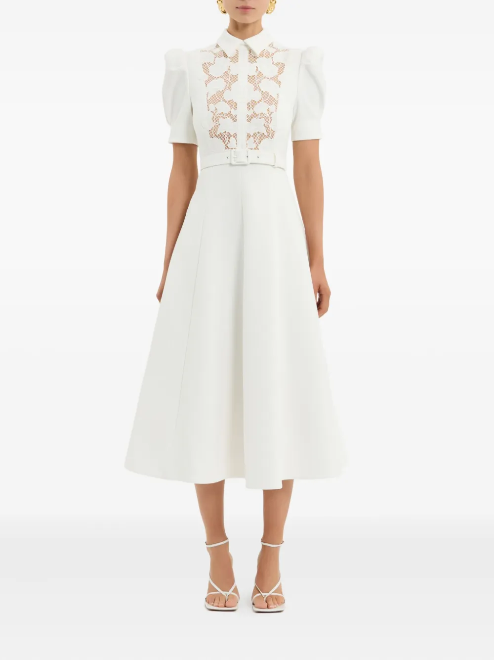 Rebecca Vallance Parrish lace-belted short-sleeve midi dress - Wit
