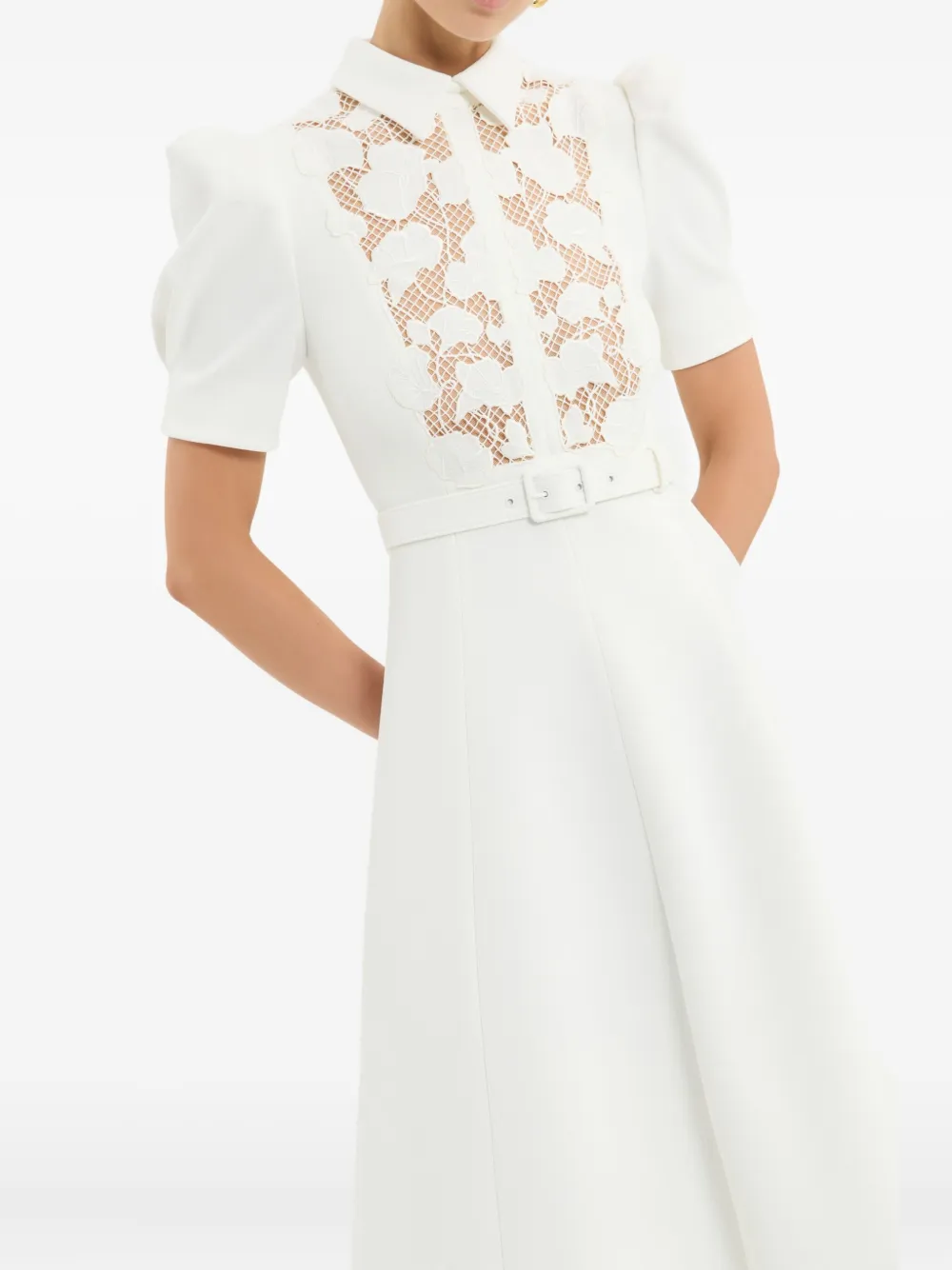 Rebecca Vallance Parrish Lace-belted Short-sleeve Midi Dress In White