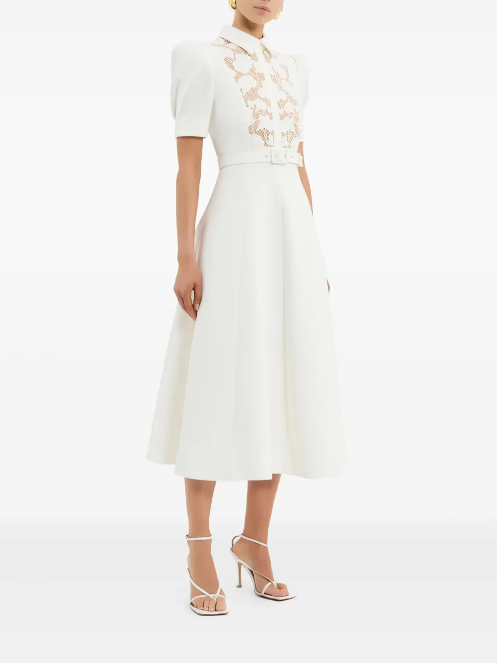 Rebecca Vallance Parrish Lace-belted Short-sleeve Midi Dress In White