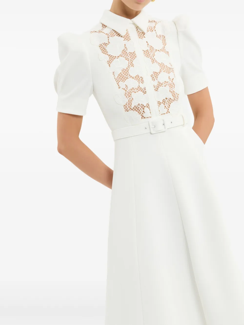 Rebecca Vallance Parrish midi-jurk met kanten ceintuur en korte mouwen Wit