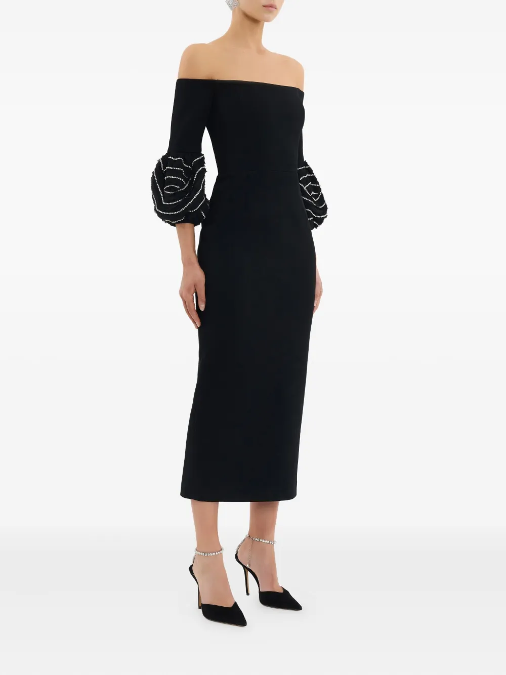 Rebecca Vallance Bellatrix off-shoulder midi-jurk met ruches Zwart