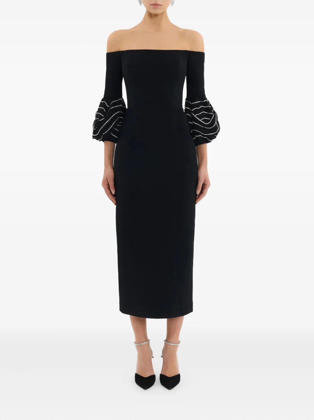 Rebecca Vallance Bellatrix off-shoulder midi-jurk met ruches - Zwart