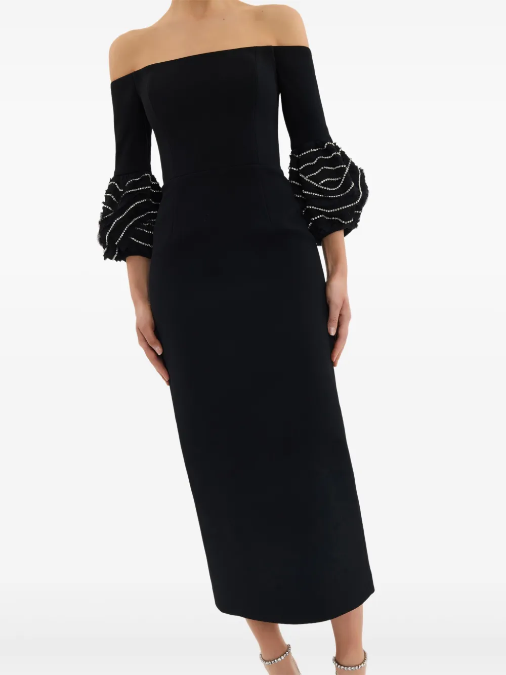 Rebecca Vallance Bellatrix off-shoulder midi-jurk met ruches Zwart