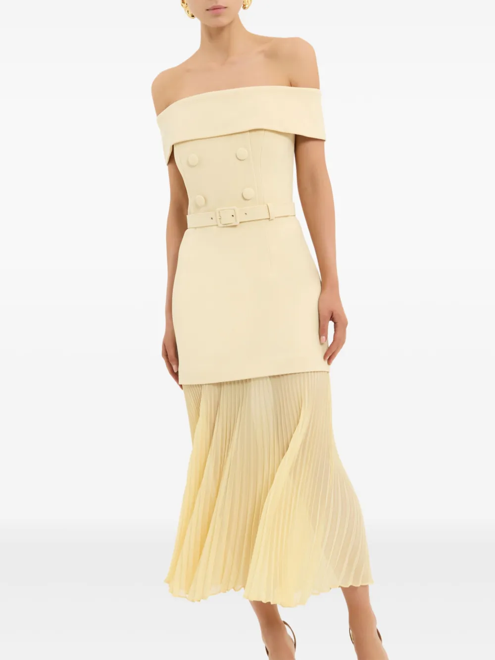 Rebecca Vallance Muriel off-shoulder midi-jurk met plooien Geel