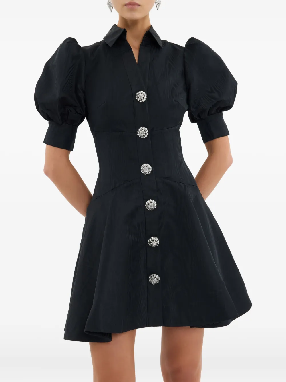 Rebecca Vallance Narcissa Button Puff-sleeve Mini Dress In Black
