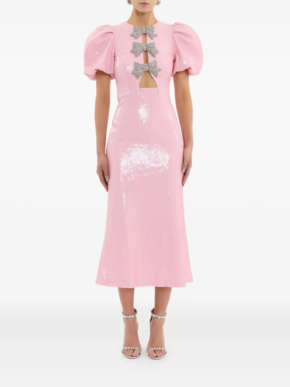 Rebecca Vallance Lydia midi-jurk met pofmouwen en strik - Roze