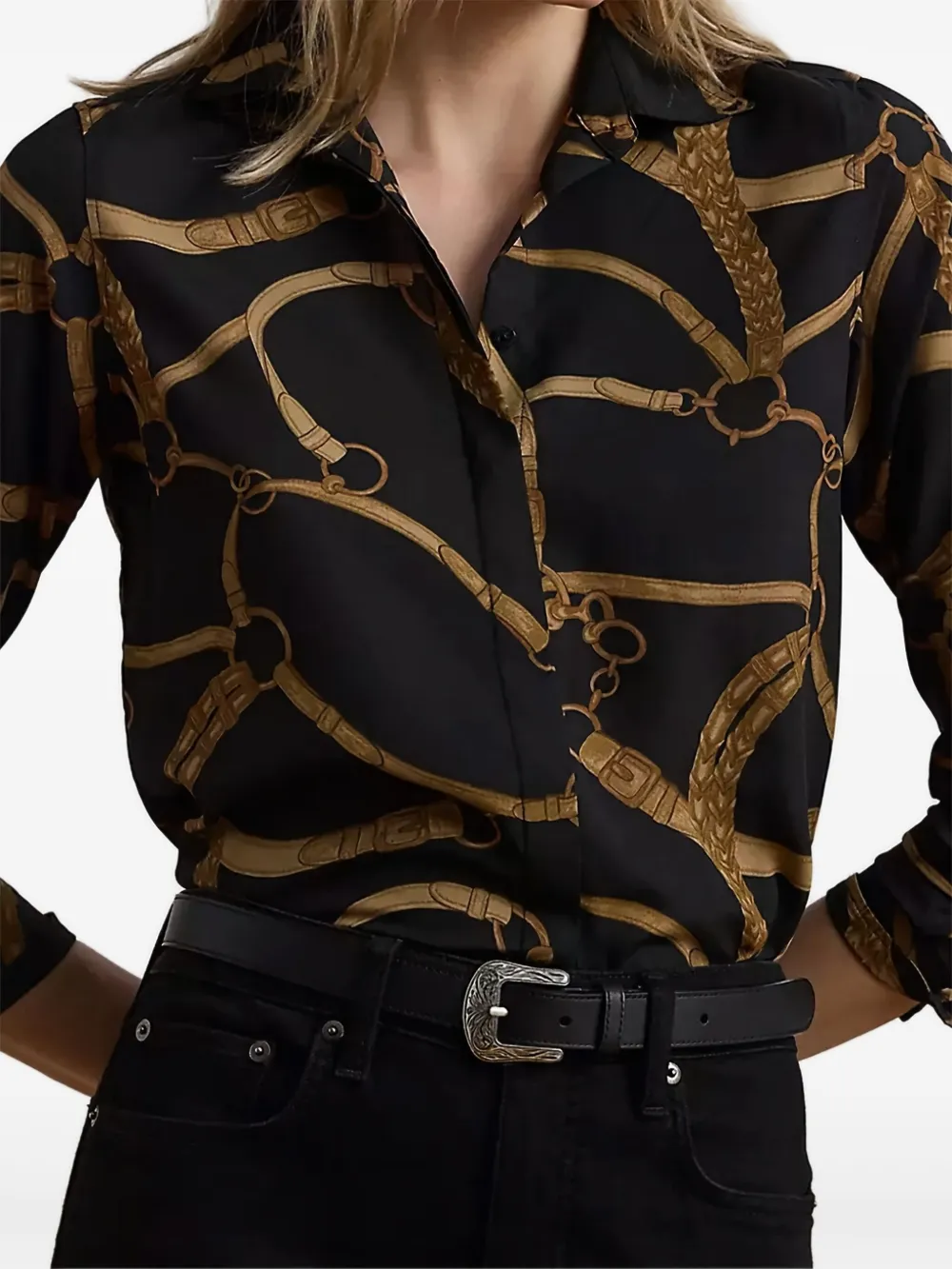 Ralph Lauren Plus Size Classic-fit Belting-print Crepe Shirt In Black