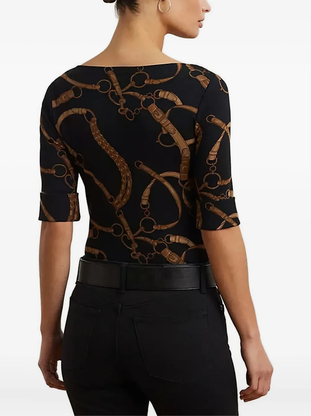 Ralph Lauren Belting-print Boat-neck T-shirt In Black