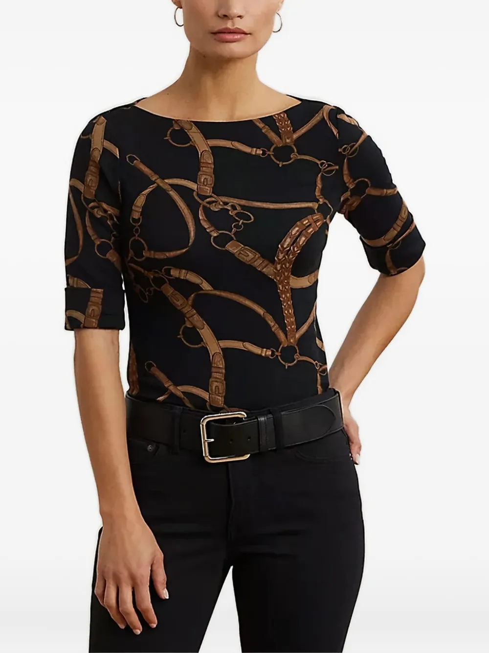 Lauren Ralph Lauren belting-print boat-neck T-shirt | Black | Image 1