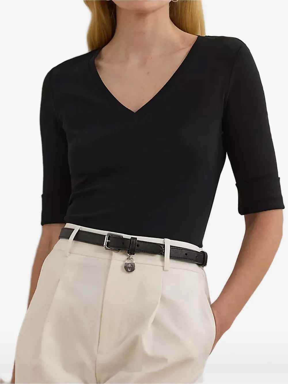 Lauren Ralph Lauren T-shirt met V-hals en cropped mouwen Zwart