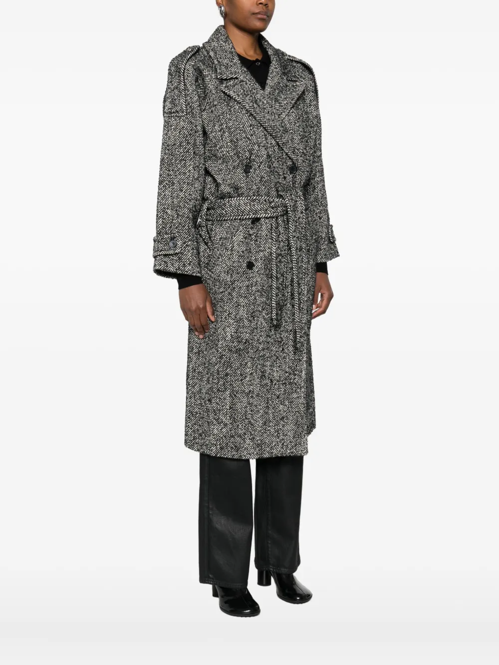 Pinko Herringbone-pattern Belted Coat In Gray