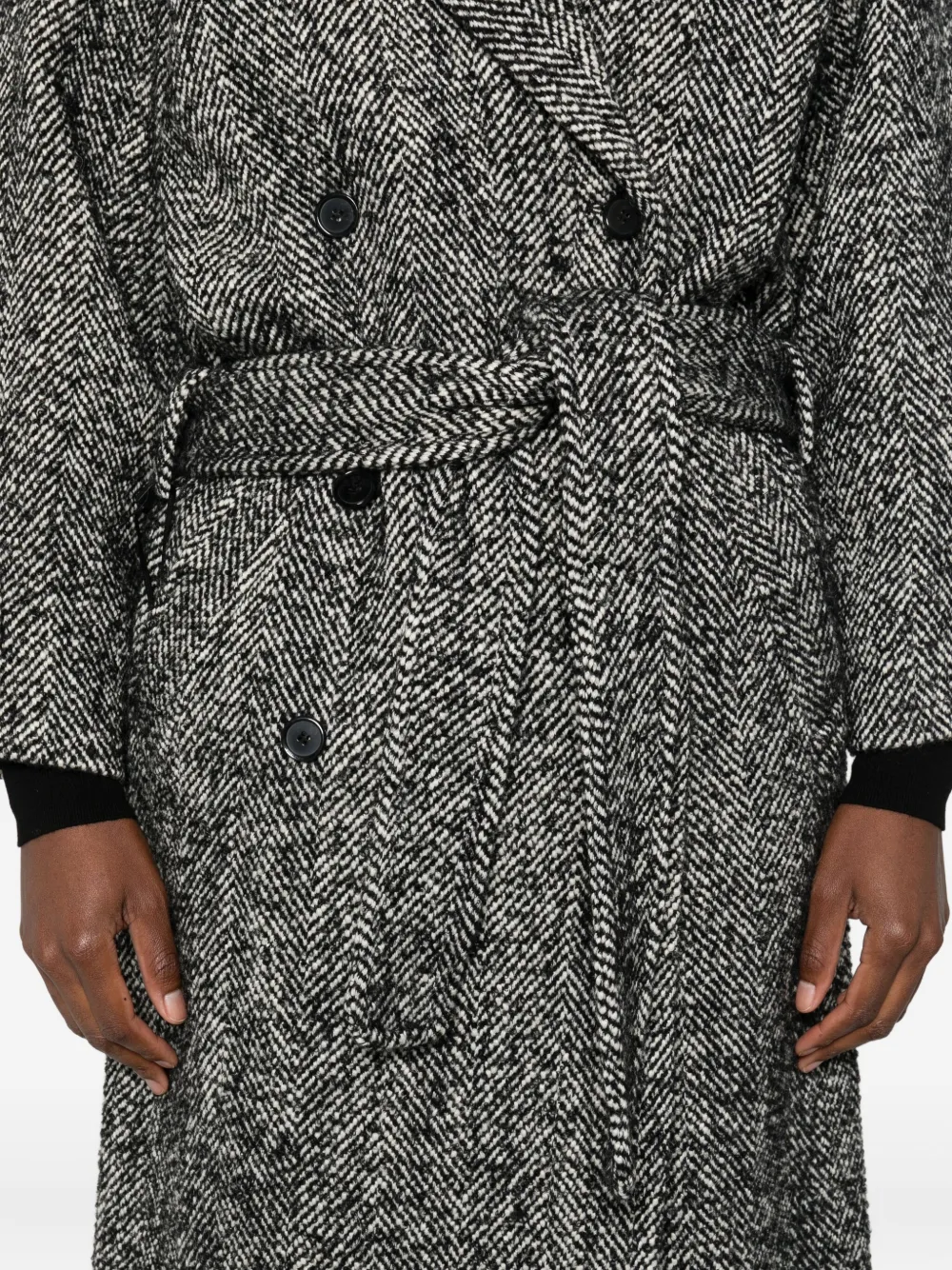 Pinko Herringbone-pattern Belted Coat In Gray