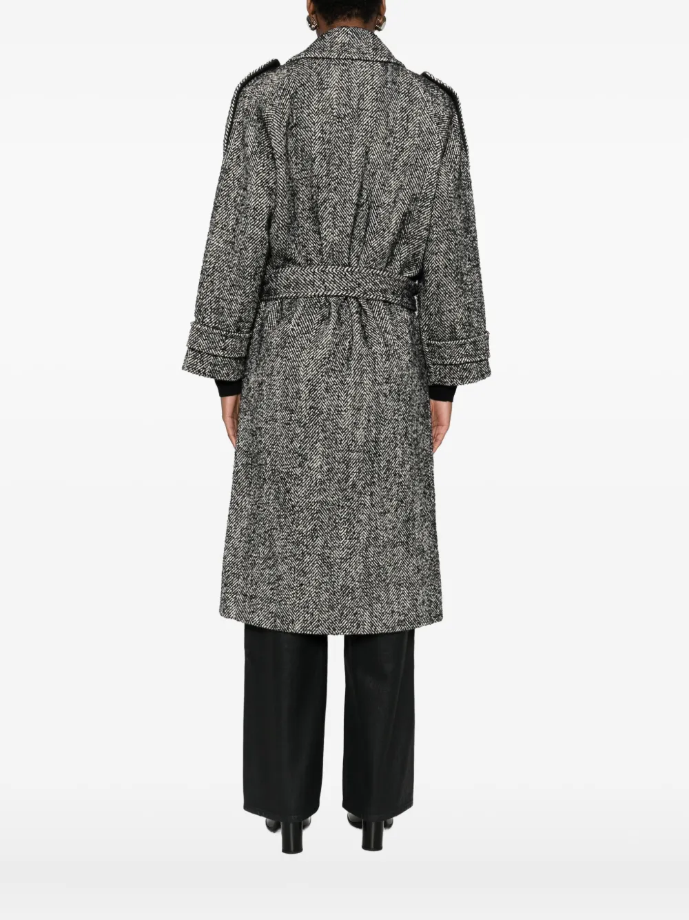 Pinko Herringbone-pattern Belted Coat In Gray