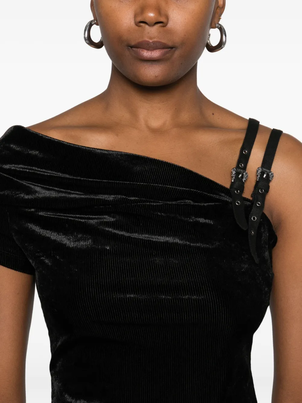 Versace Jeans Couture Asymmetrical Velvet Top With Modern Buckle Detail In Black