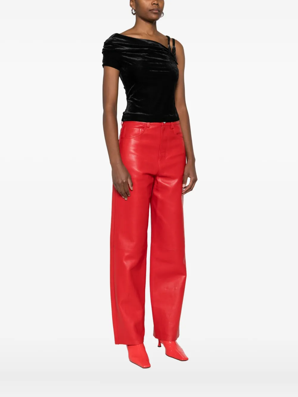 Versace Jeans Couture Asymmetrical Velvet Top With Modern Buckle Detail In Black