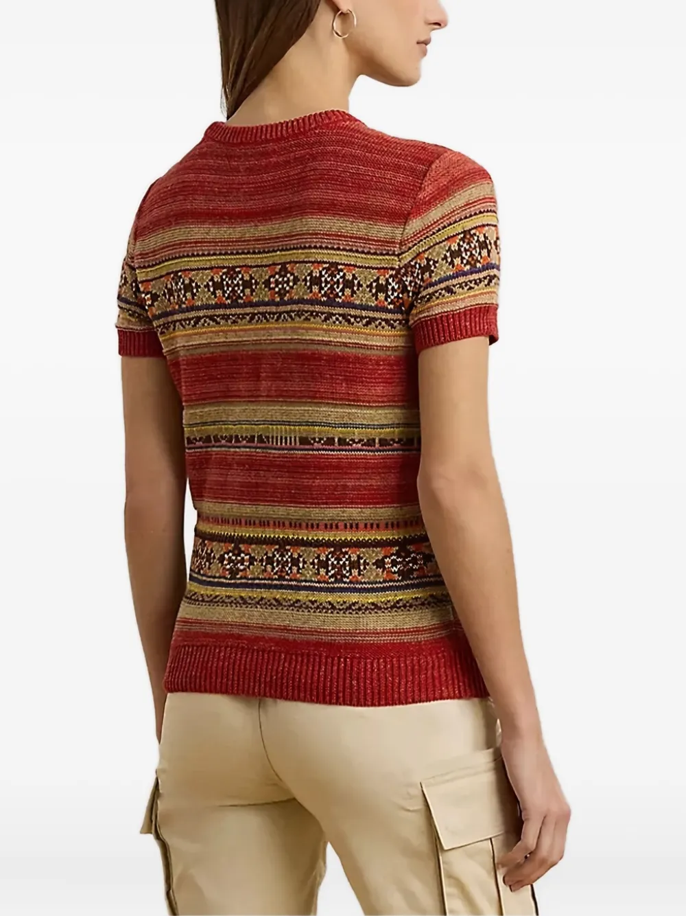 Ralph Lauren Lauren  Geo Stripe Short Sleeve Sweater In Red