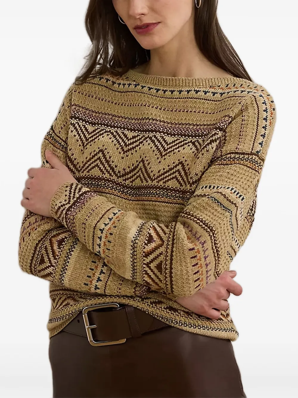 Lauren Ralph Lauren Sweater met boothals en Geo-streep Beige