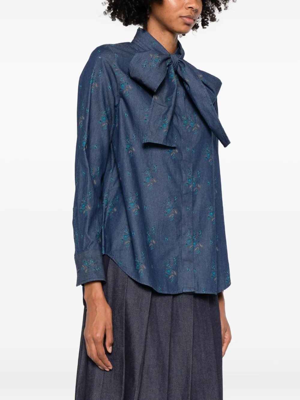Robert Friedman Floral-print Tie-neck Shirt In Blue