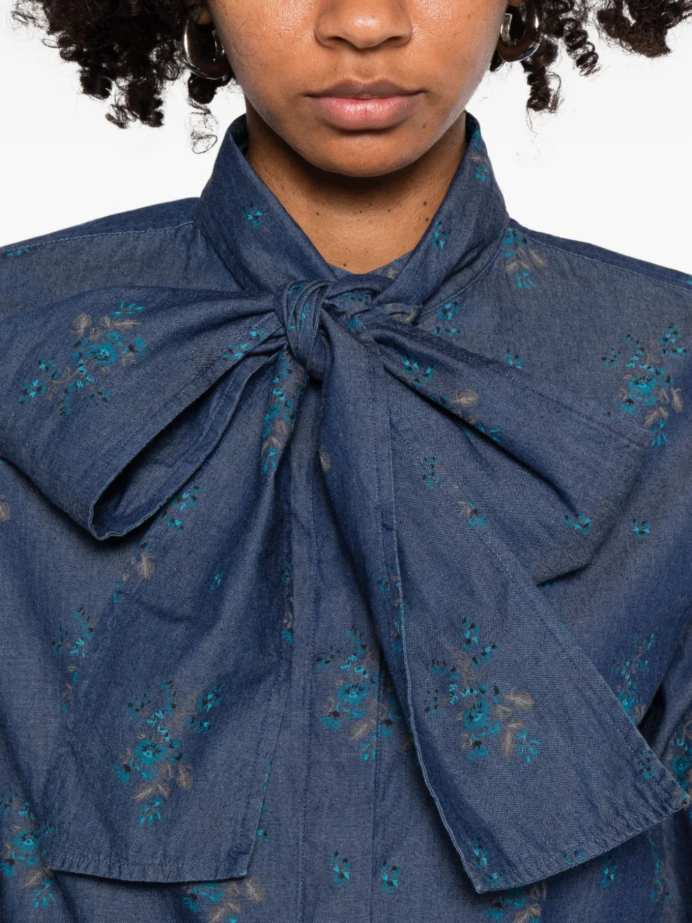 Robert Friedman Floral-print Tie-neck Shirt In Blue