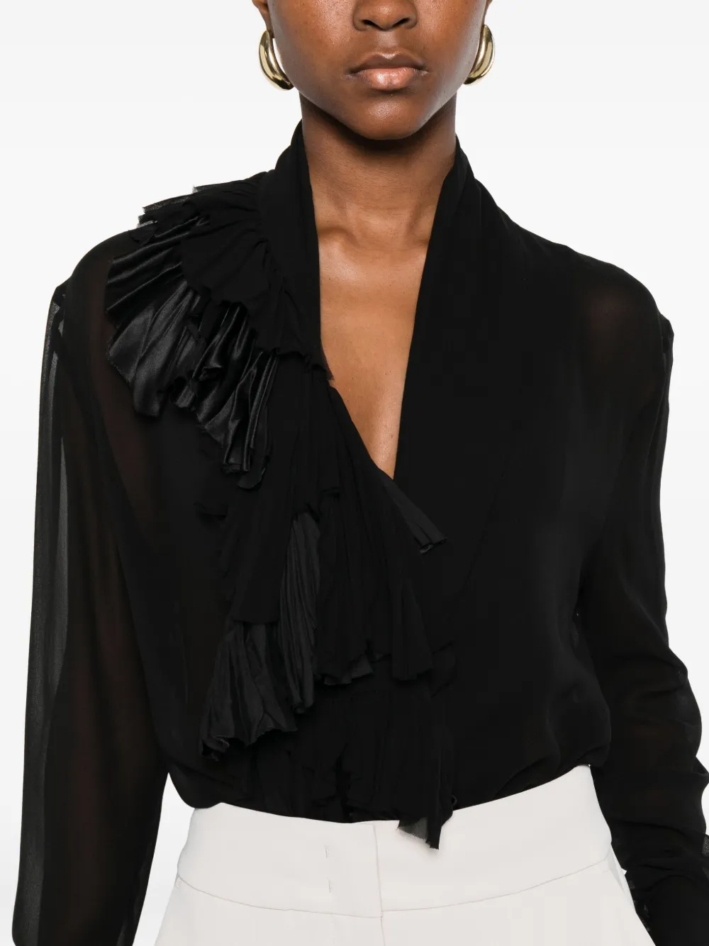 Alberta Ferretti Ruffled Long-sleeve Blouse In Black