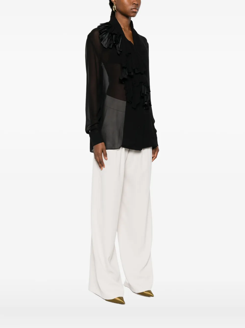 Alberta Ferretti Ruffled Long-sleeve Blouse In Black