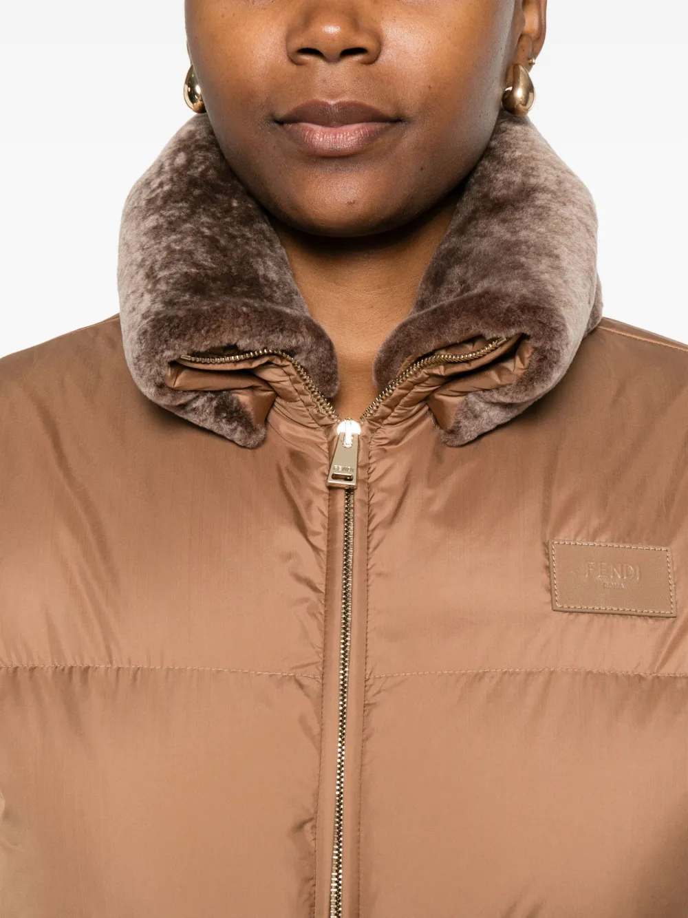 Fendi Short Padded Down Jacket With Shearling Collar Clothing In Brown
