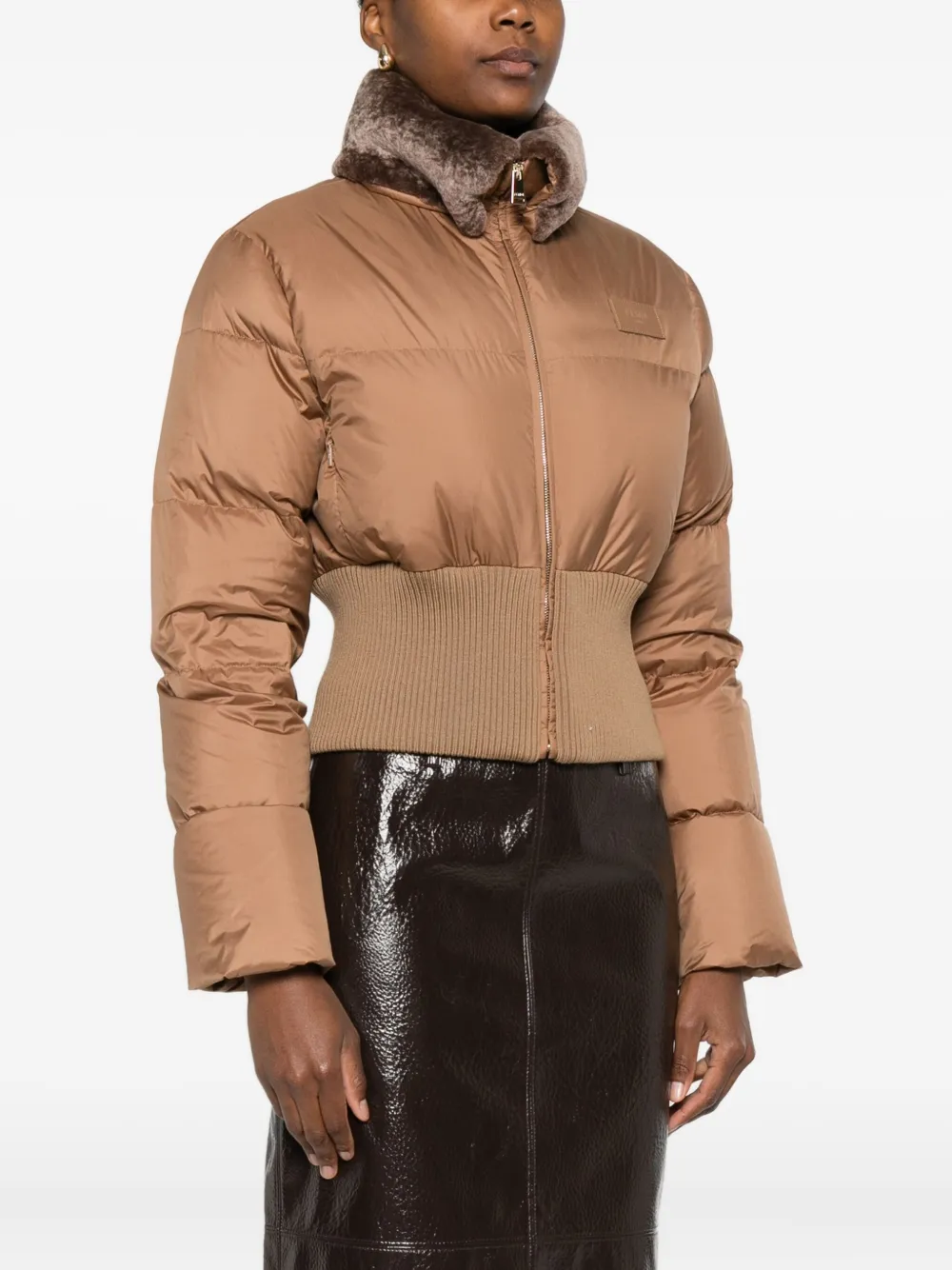 Fendi Short Padded Down Jacket With Shearling Collar Clothing In Brown