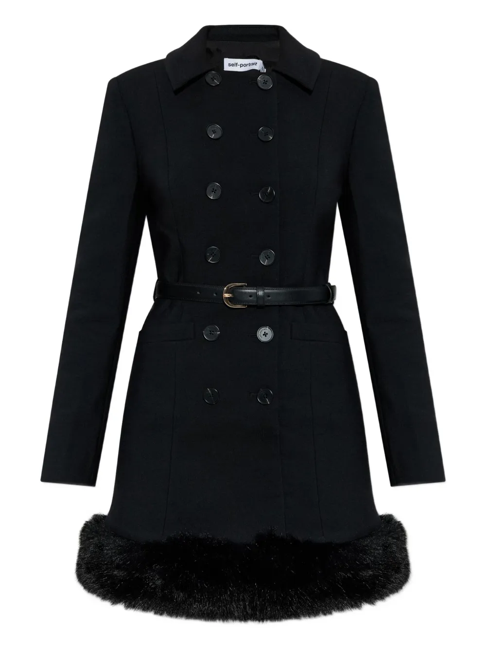 Self-portrait Belted Faux Fur-trimmed Minidress In Black